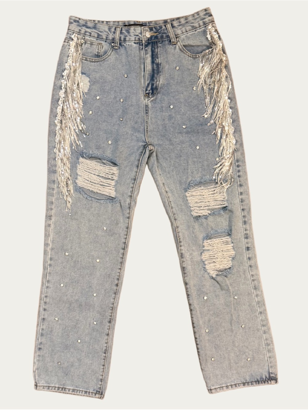 Shop Michele Light Wash Boyfriend Jeans with Silver Fringe & Rhinestones